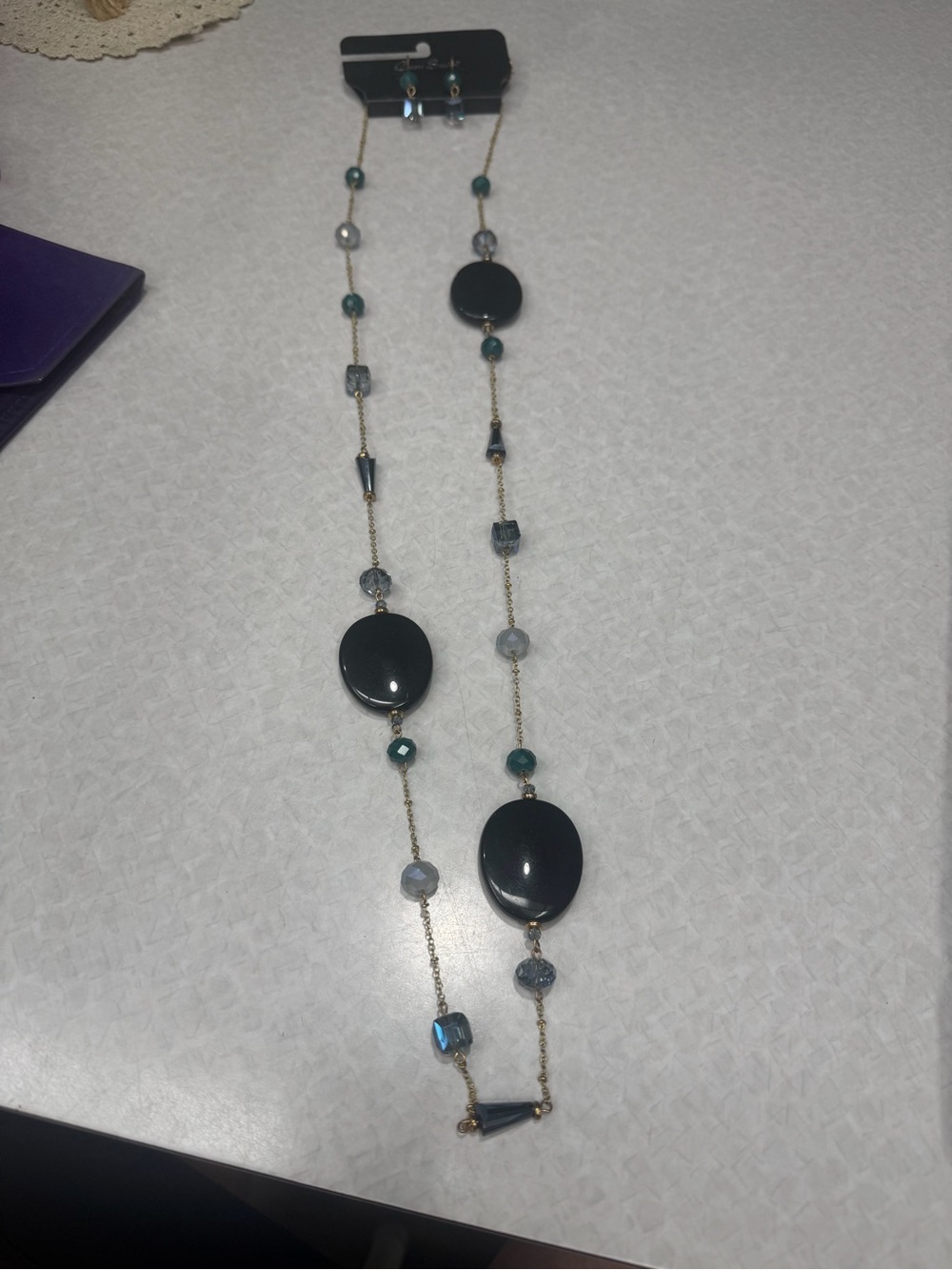 Necklace & earrings set blue and black beads NWT 20”